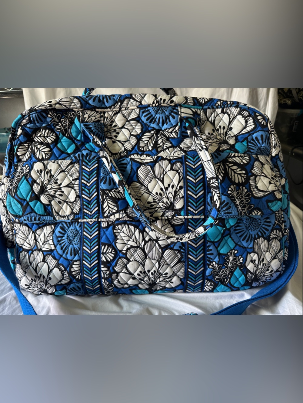 Vera Bradley Quilted Floral Travel Tote in Blue, White and Black
